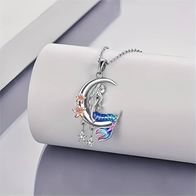 Ocean Song Mermaid Sitting on Crescent Moon above Stars Necklace    + Blessing Card