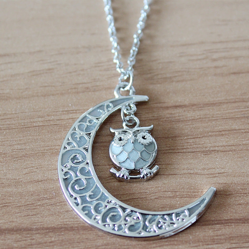 Luminous Crescent Moon Owl Pendant Necklace