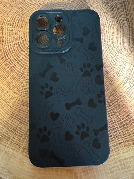 iPhone 15 Pro Max Bone Dog Paw Heart Pattern Black Soft Case