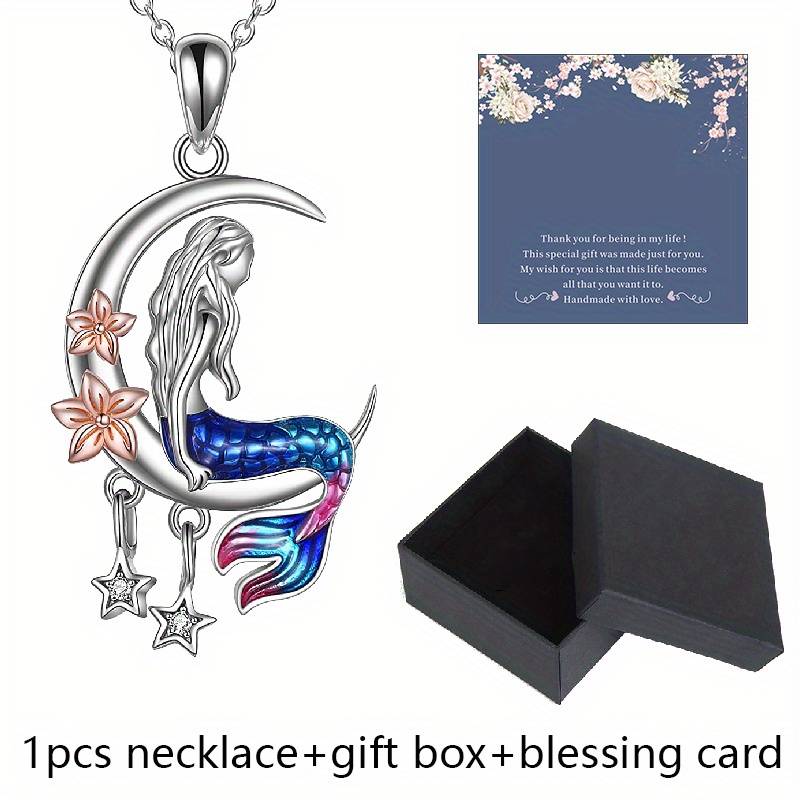 Ocean Song Mermaid Sitting on Crescent Moon above Stars Necklace    + Blessing Card