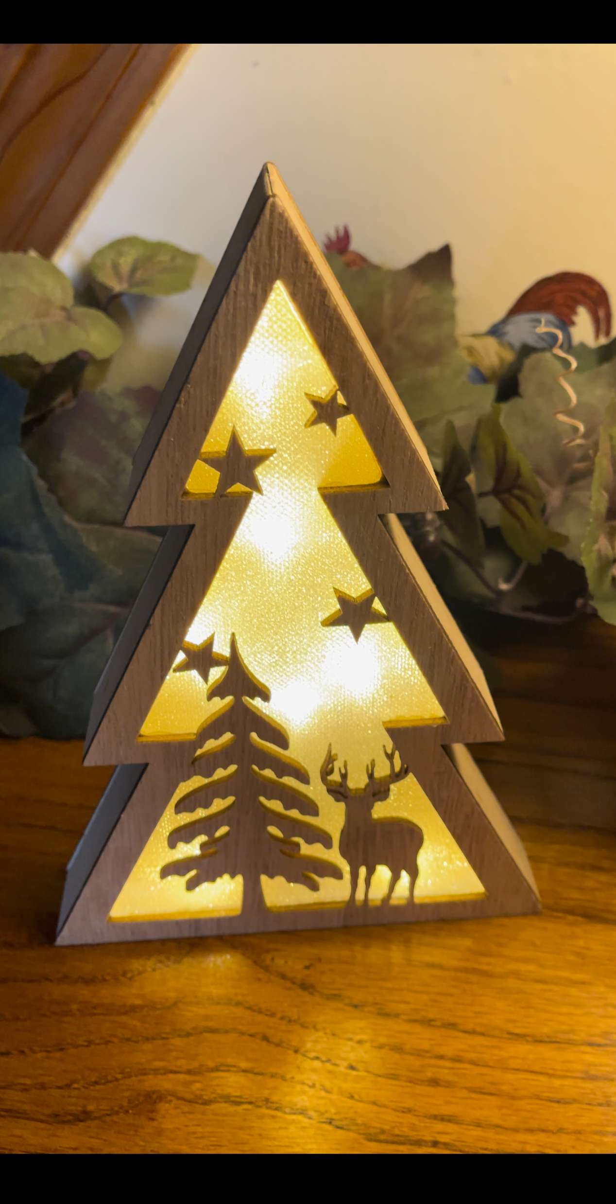 Christmas Wooden Tree with Deer / Reindeer Tabletop W Lights
