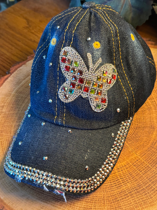 Butterfly Bling Blue  Denim Multicolor Baseball Hat Cap