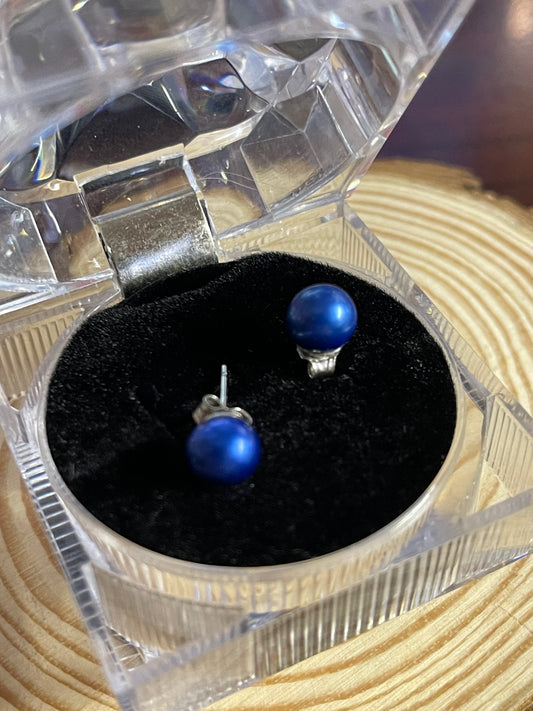 Genuine Pearl Blue Earrings on Sterling Silver Post Back