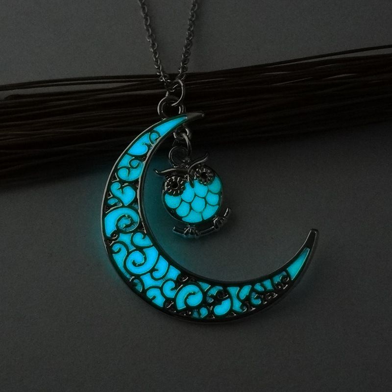 Luminous Crescent Moon Owl Pendant Necklace