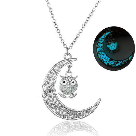 Luminous Crescent Moon Owl Pendant Necklace