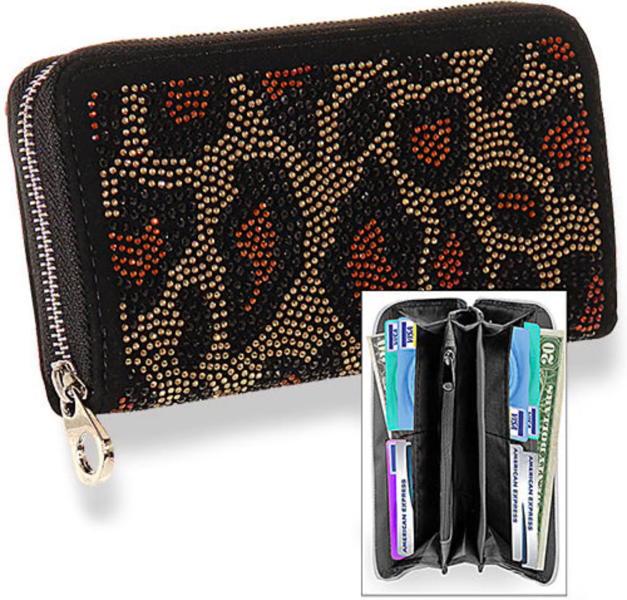 Bling Leopard Sparkling Accordion Rhinestone Zip Around Wallet