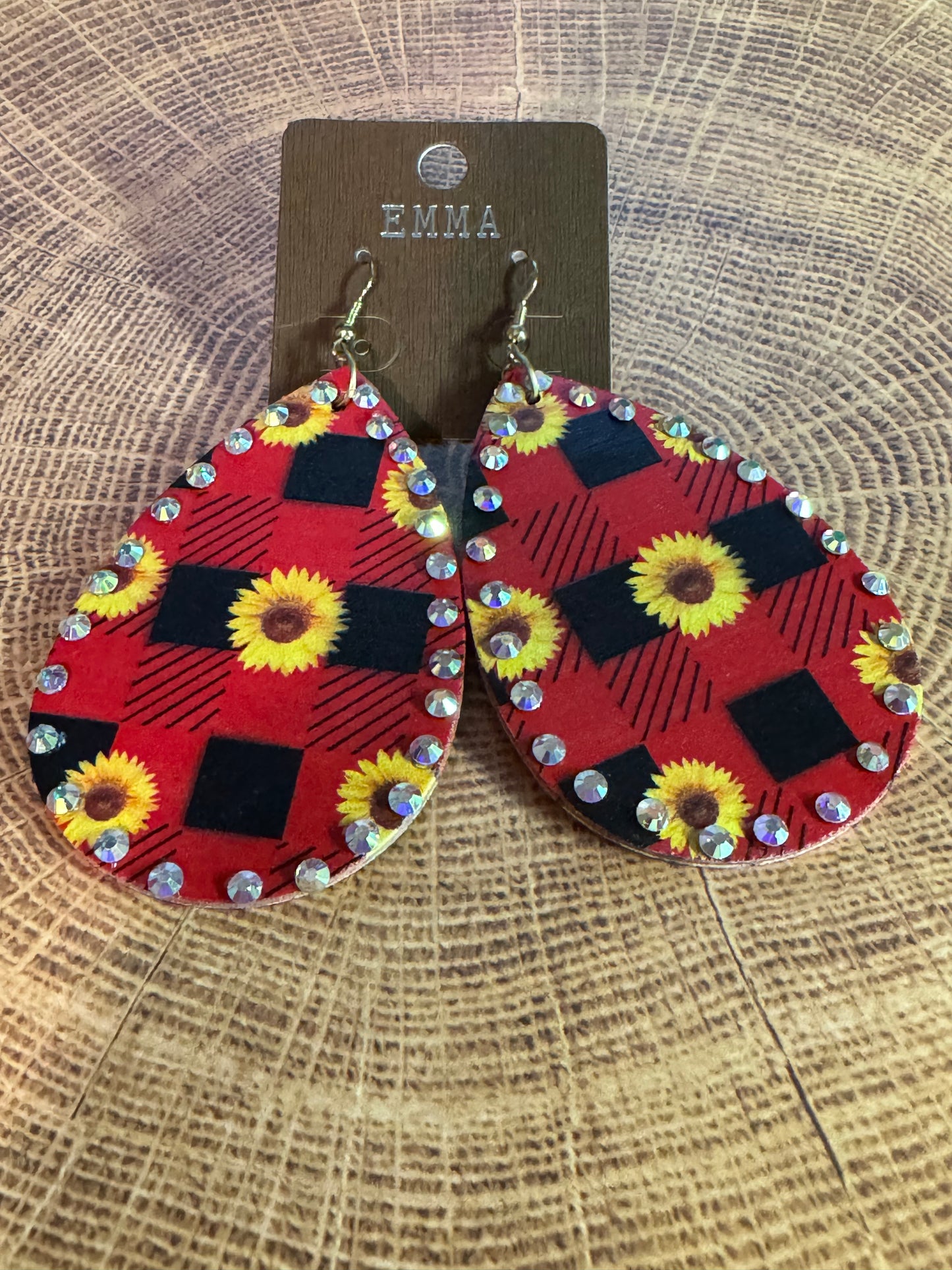 Red Plaid Sunflower Iridescent Earrings