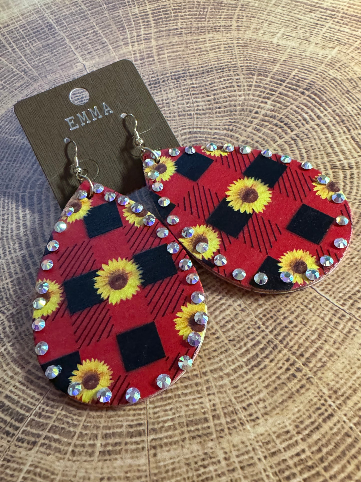 Red Plaid Sunflower Iridescent Earrings