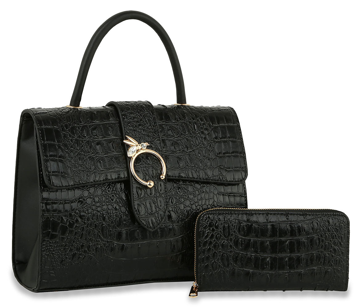 Fashion Bee Black Front Flap Tote Handbag & Wallet Set
