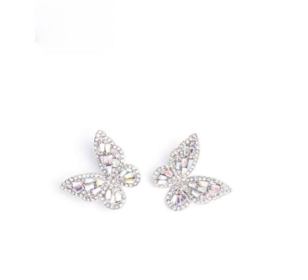 Butterfly Iridescent Pastel Oil Spill and White Crystal Post Back   Earrings