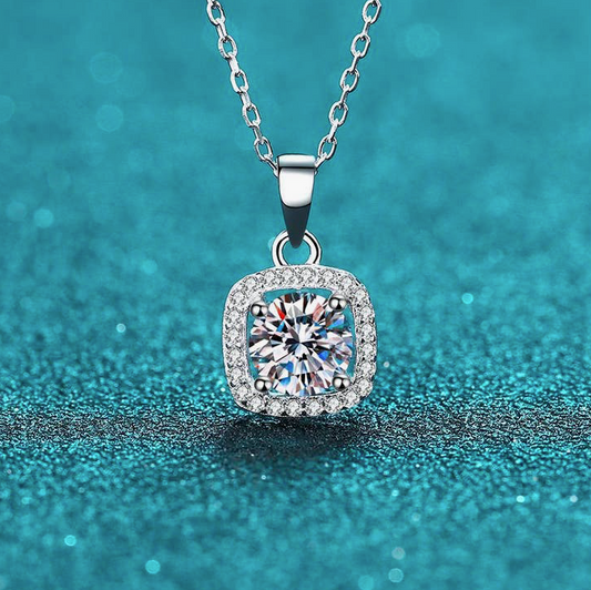 Four-Prong Halo Moissanite Necklace in 925 Sterling Silver