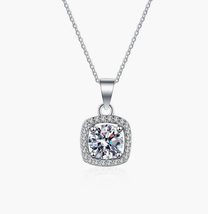 Four-Prong Halo Moissanite Necklace in 925 Sterling Silver