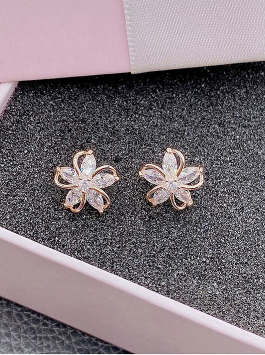 Cubic Zirconia  Flower Post Back Stud Earrings