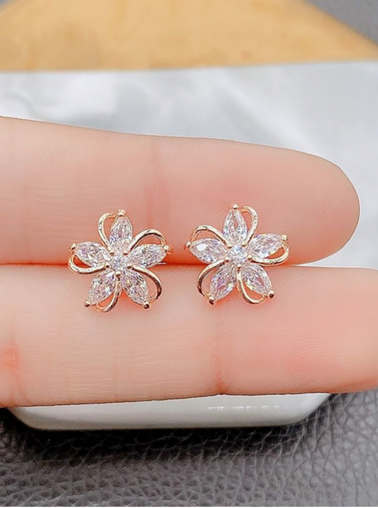 Cubic Zirconia  Flower Post Back Stud Earrings