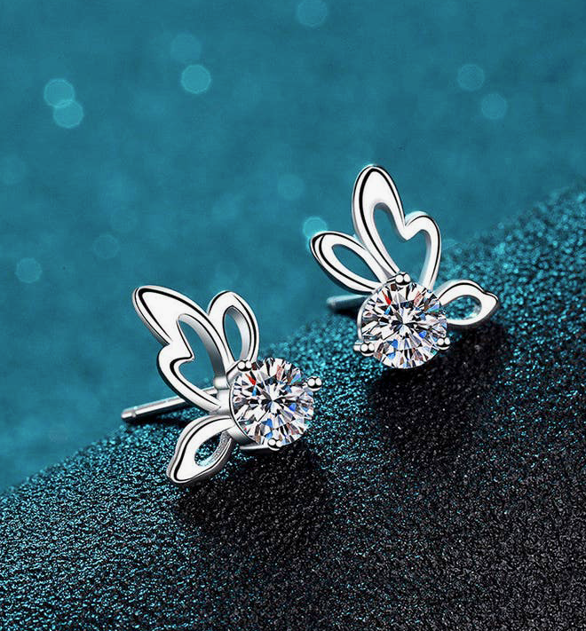 Butterfly Moissanite Stud Earrings on 925 Sterling Silver  (   Certified  )