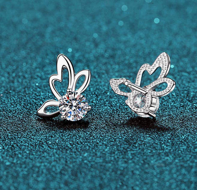 Butterfly Moissanite Stud Earrings on 925 Sterling Silver  (   Certified  )