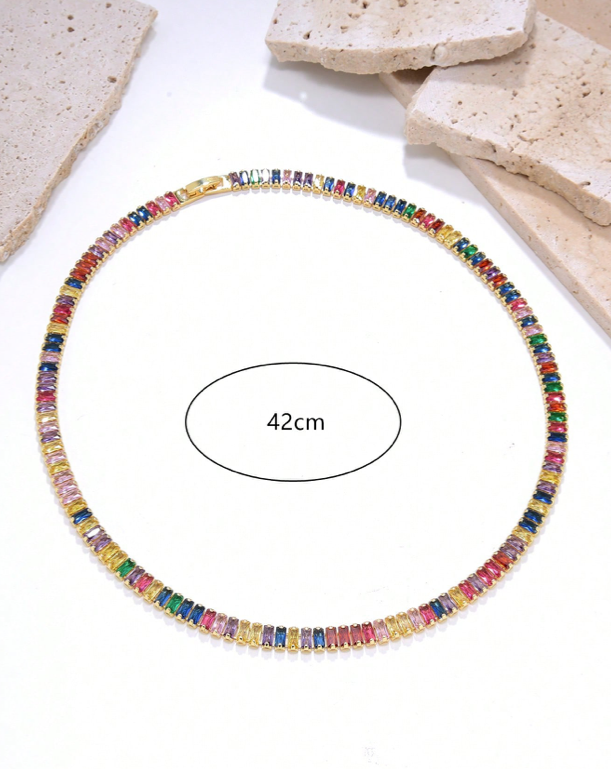 Sparkling Rainbow Cubic Zirconia Gold Plated Tennis Necklace on Titanium Stainless Steel