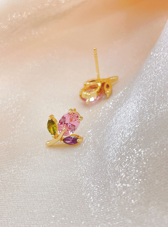 Pink Multicolor Cubic Zirconia Flower Post Back  Earrings