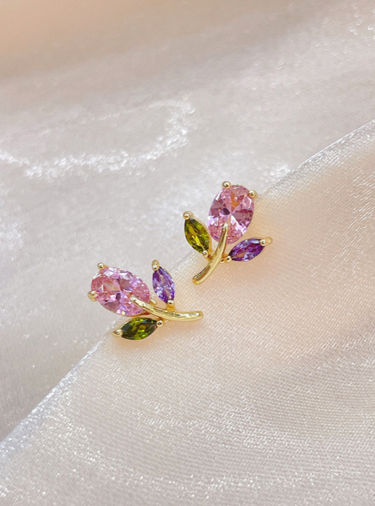 Pink Multicolor Cubic Zirconia Flower Post Back  Earrings