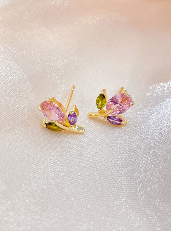 Pink Multicolor Cubic Zirconia Flower Post Back  Earrings