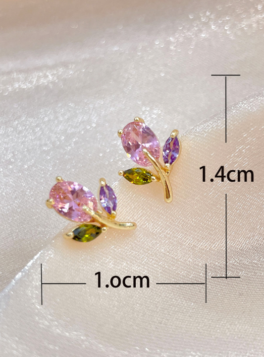 Pink Multicolor Cubic Zirconia Flower Post Back  Earrings