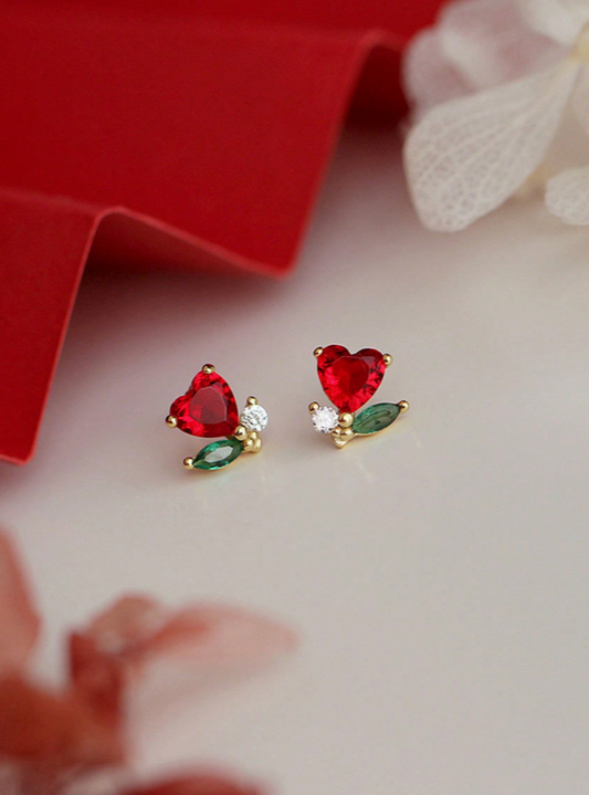 Red  Multicolor Cubic Zirconia Flower Post Back  Earrings