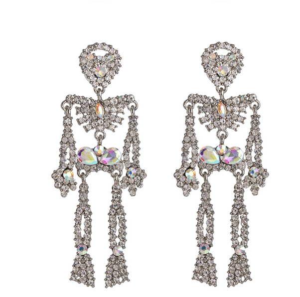 Halloween Skeleton White and Iridescent  Crystal Post back Silver  Earrings