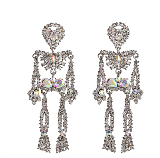 Halloween Skeleton White and Iridescent  Crystal Post back Silver  Earrings