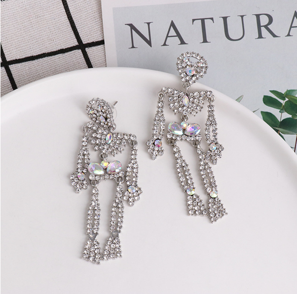 Halloween Skeleton White and Iridescent  Crystal Post back Silver  Earrings