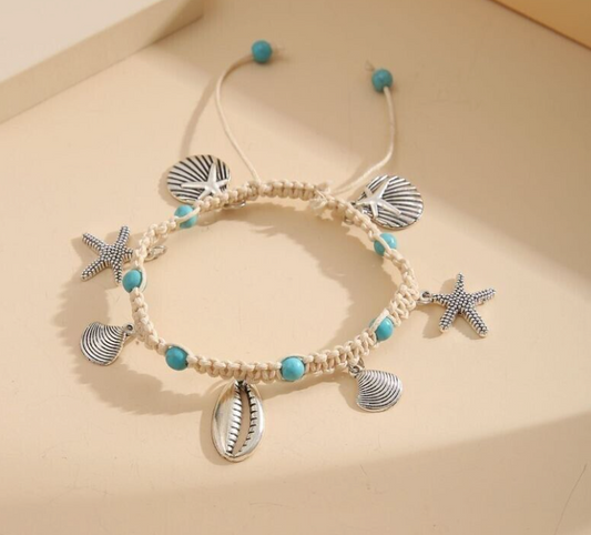Sea Shell Blue Turquoise Crackle Stone with Beads Ankle  Bracelet