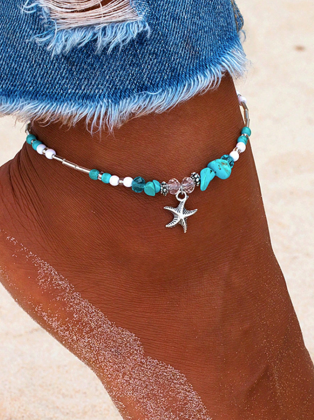 Starfish Hunt Charm Blue Turquoise Crackle Stone with Beads Ankle  Bracelet