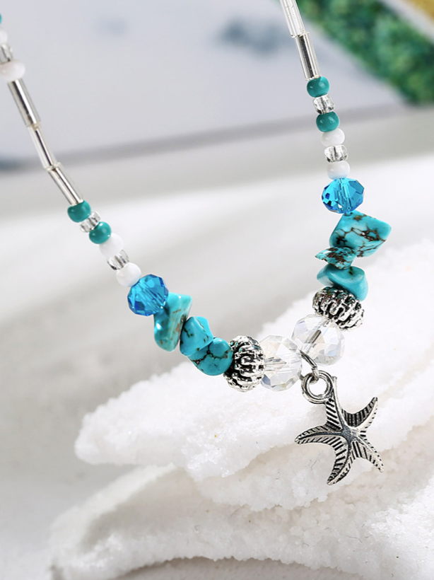 Starfish Hunt Charm Blue Turquoise Crackle Stone with Beads Ankle  Bracelet