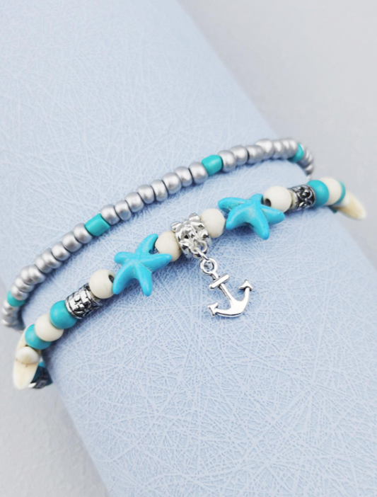 Anchor Charm Blue Turquoise Crackle Stone with Beads Ankle  Bracelet