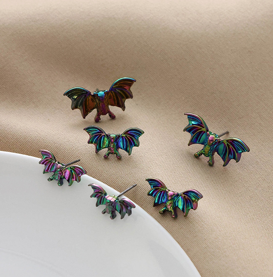 Halloween Oil Spill Holographic Bat Post Back Earrings