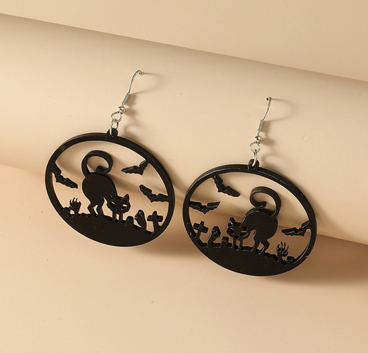 Halloween Black Cat  Bat Hoop   Earrings