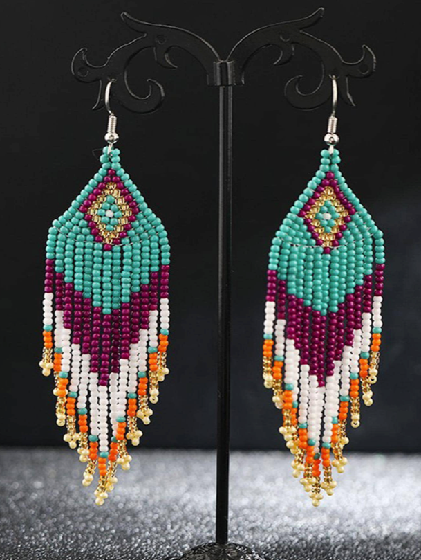 Boho Bohemia Blue Multicolor NATIVE SEED BEAD  Earrings