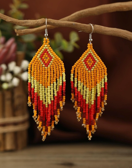 Handmade Orange Multicolor Seed Bead Designed Earrings