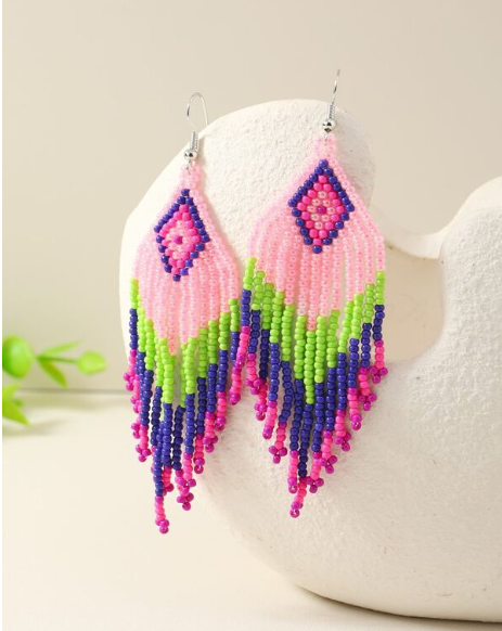 Boho Multicolor Pink HANDMADE Tribal Seed Beads Earrings