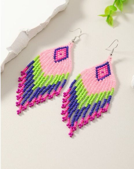 Boho Multicolor Pink HANDMADE Tribal Seed Beads Earrings