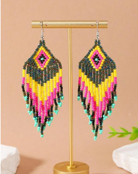 Boho Black Multicolor HANDMADE Tribal Seed Beads Earrings