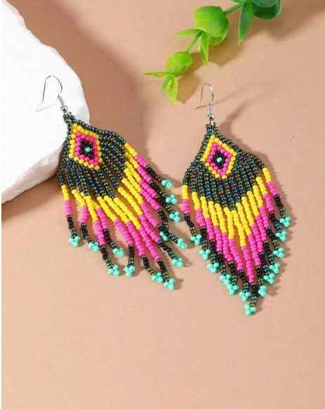 Boho Black Multicolor HANDMADE Tribal Seed Beads Earrings