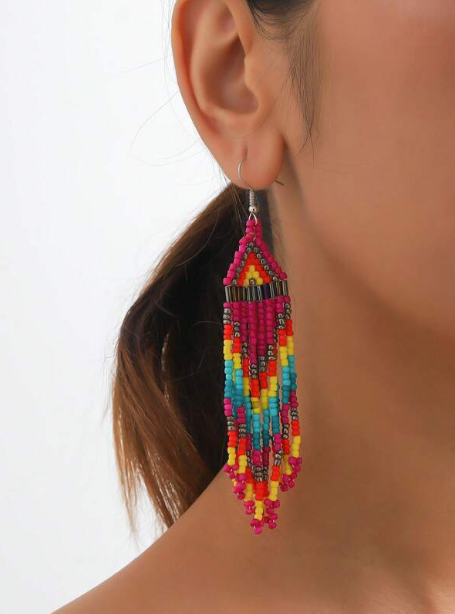 Boho Multicolor Pink HANDMADE Tribal Seed Beads Earrings