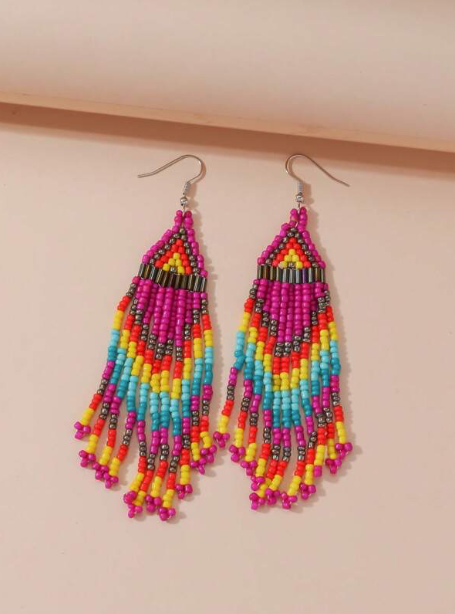 Boho Multicolor Pink HANDMADE Tribal Seed Beads Earrings