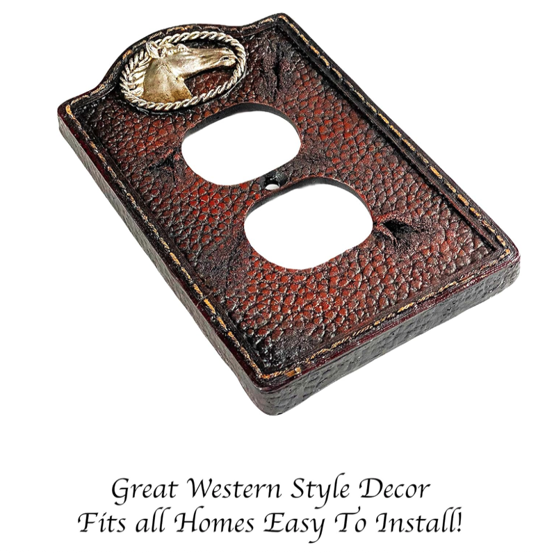 Western Horse Light Switch Plate Covers  Stitched Faux Leather Look Silver Rope