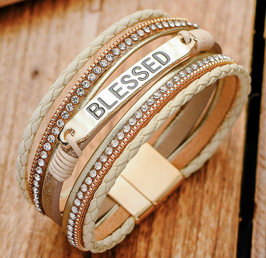 BLESSED Leather Layered Rhinestone BEIGE Magnetic Bracelet