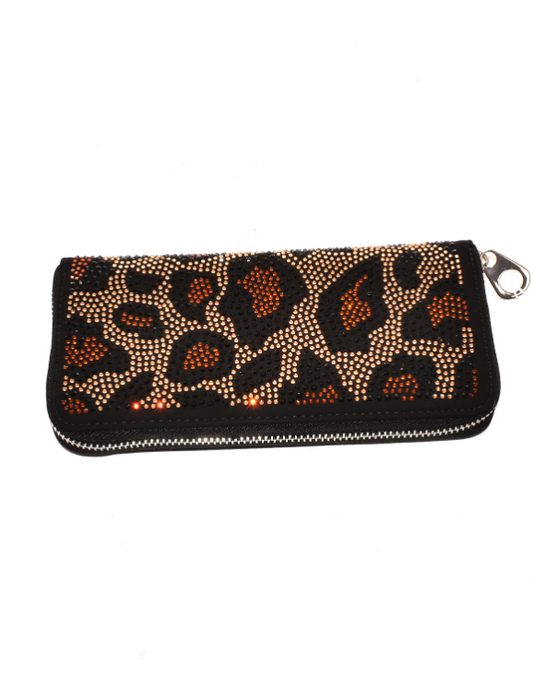 Leopard Bling Rhinestone Zip Around Wallet