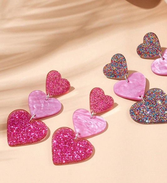 "Be My Valentine"   Hot Pink Glittery Heart Acrylic  Earrings