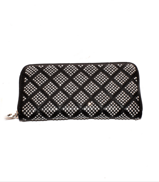 Black Quilted Bling Rhinestone Zip Around Wallet