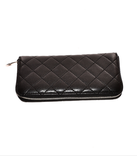 Black Quilted Bling Rhinestone Zip Around Wallet