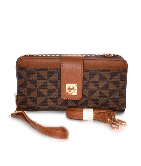 Brown Coffee Monogram Dual Pocket Crossbody Wallet